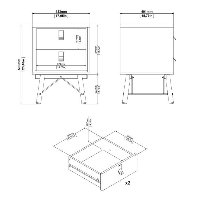 Ry Package - Wardrobe 3 doors + 3 drawers + Double chest of drawers 6 drawers + Bedside cabinet 2 drawer in Matt Black Walnut - UK