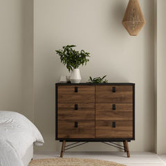 Ry Package - Wardrobe 3 doors + 3 drawers + Double chest of drawers 6 drawers + Bedside cabinet 2 drawer in Matt Black Walnut - UK - Furniture One Shop