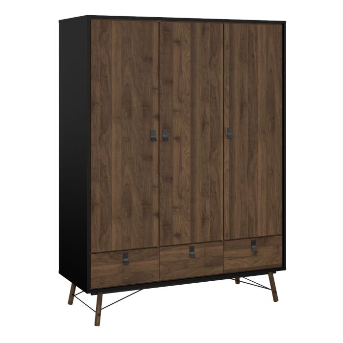 Ry Package - Wardrobe 3 doors + 3 drawers + Double chest of drawers 6 drawers + Bedside cabinet 2 drawer in Matt Black Walnut - UK