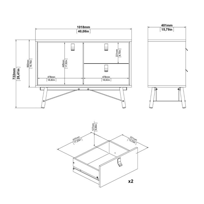 Ry Sideboard with 1 door + 2 drawers in Matt White - UK