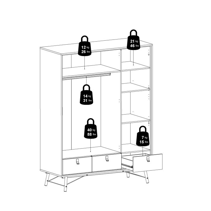 Ry Wardrobe 3 Doors + 3 Drawers in Jackson Hickory Oak - UK
