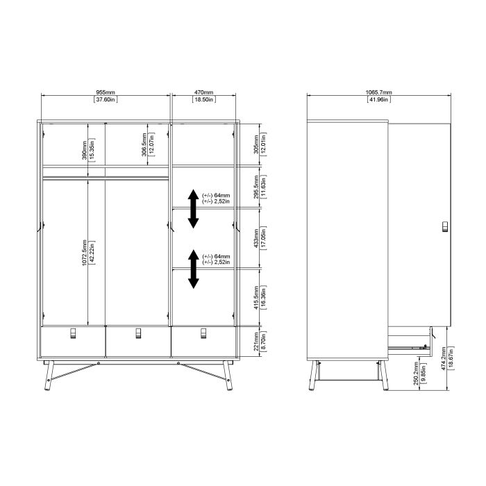 Ry Wardrobe 3 Doors + 3 Drawers in Jackson Hickory Oak - UK