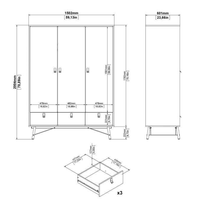 Ry Wardrobe 3 doors + 3 drawers in Matt Black Walnut - UK