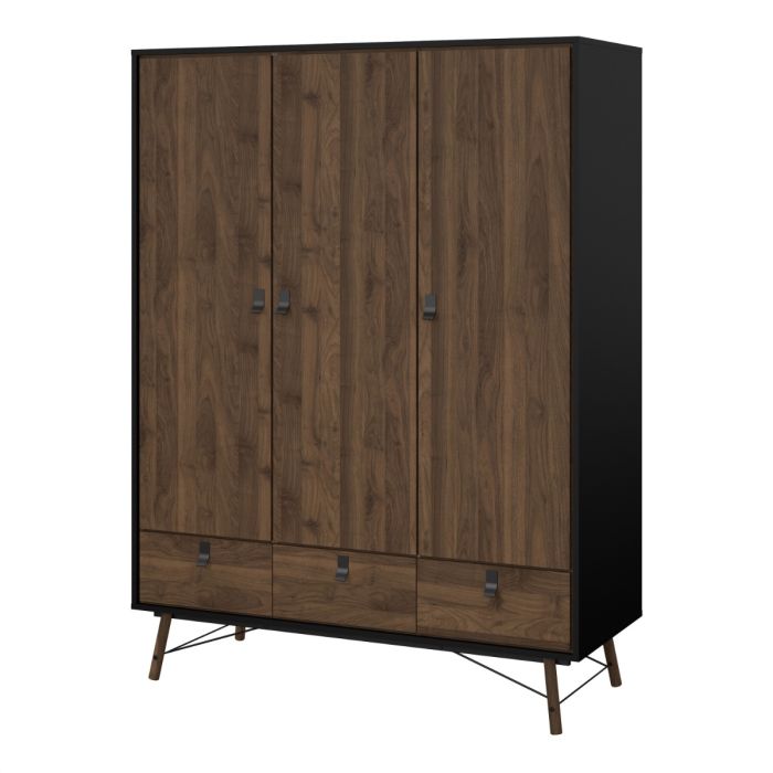 Ry Wardrobe 3 doors + 3 drawers in Matt Black Walnut - UK