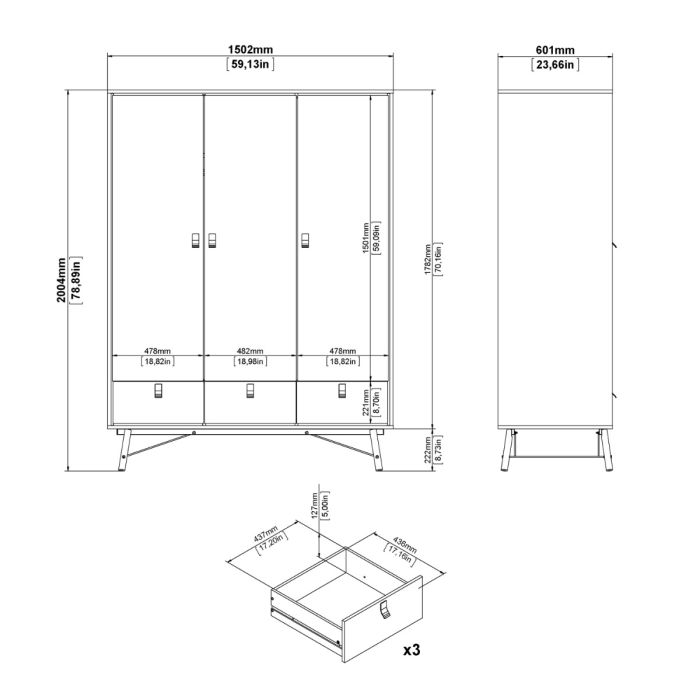 Ry Wardrobe 3 doors + 3 drawers in Matt White - UK