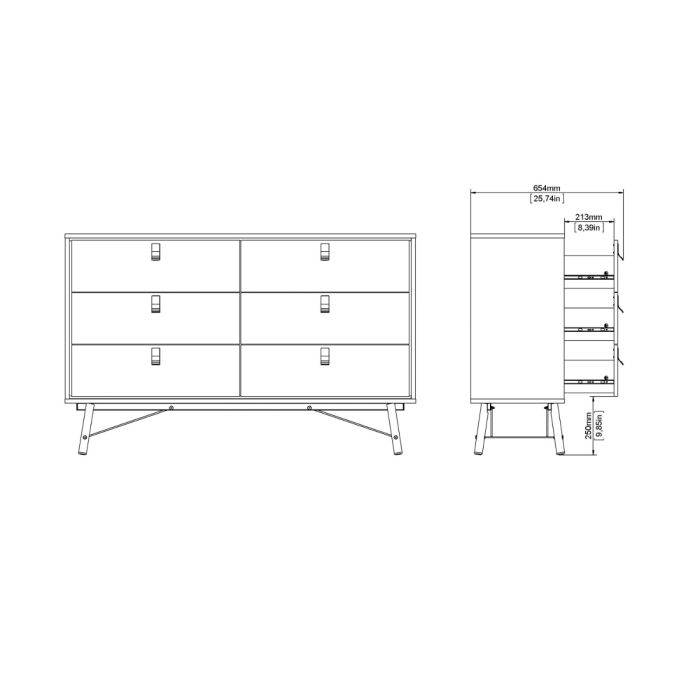 Ry Wide double chest of drawers 6 drawers in Matt Black Walnut - UK