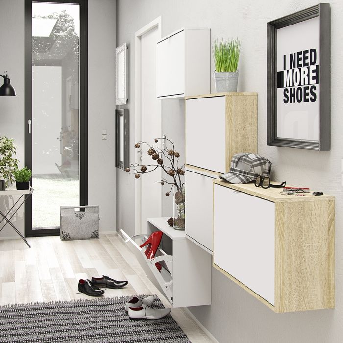 Shoes Shoe cabinet w. 3 tilting doors and 2 layers Oak structure White - UK