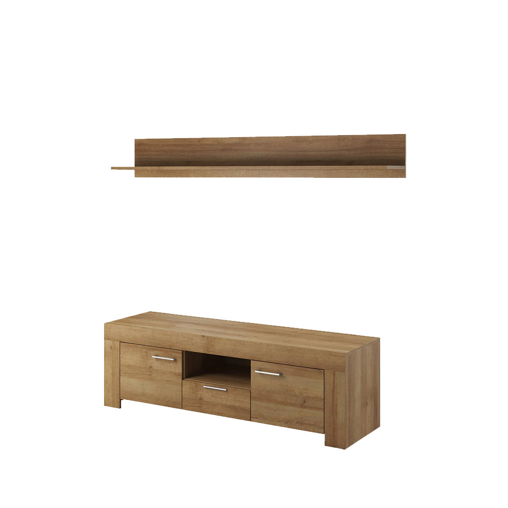 Sky Wooden TV Stand with 2 Doors 1 Drawer in Oak Riviera & Wall Shelf