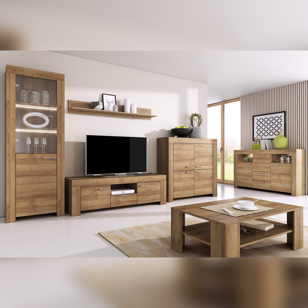 Sky Wooden TV Stand with 2 Doors 1 Drawer in Oak Riviera & Wall Shelf