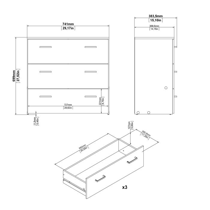 Space Wooden Chest of 3 Drawers in Oak