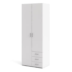 Space Wooden Wardrobe 2 Doors 3 Drawers in White - Furniture One Shop