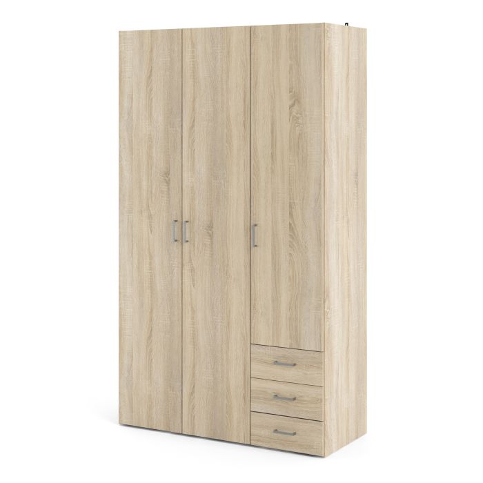Space Wooden Wardrobe 3 Doors 3 Drawers in Oak