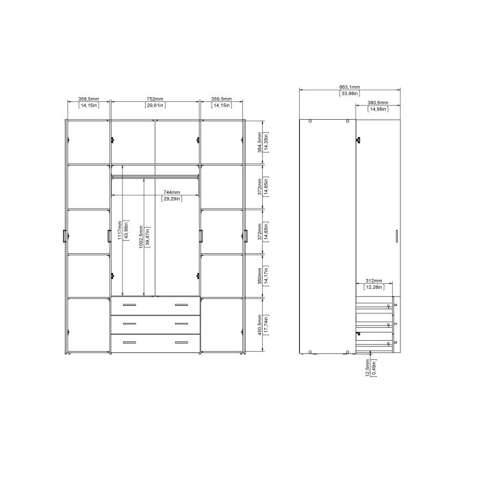 Space Wooden Wardrobe 4 Doors 3 Drawers in Oak