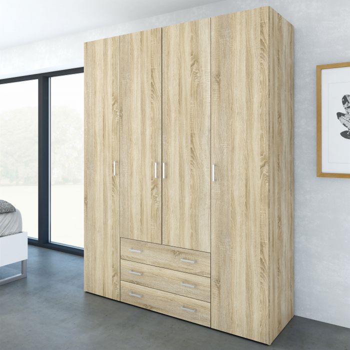 Space Wooden Wardrobe 4 Doors 3 Drawers in Oak