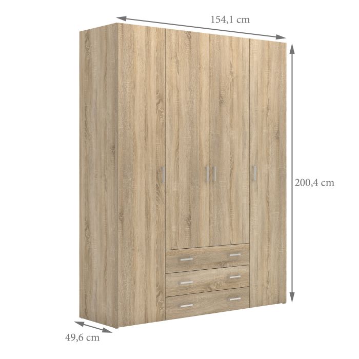 Space Wooden Wardrobe 4 Doors 3 Drawers in Oak
