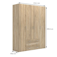 Space Wooden Wardrobe 4 Doors 3 Drawers in Oak