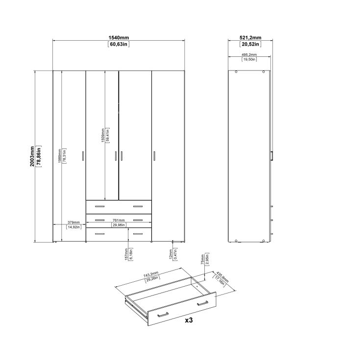 Space Wooden Wardrobe 4 Doors 3 Drawers in Oak