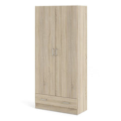 Space Wooden Wardrobe with 2 Doors 1 Drawer in Oak - Furniture One Shop