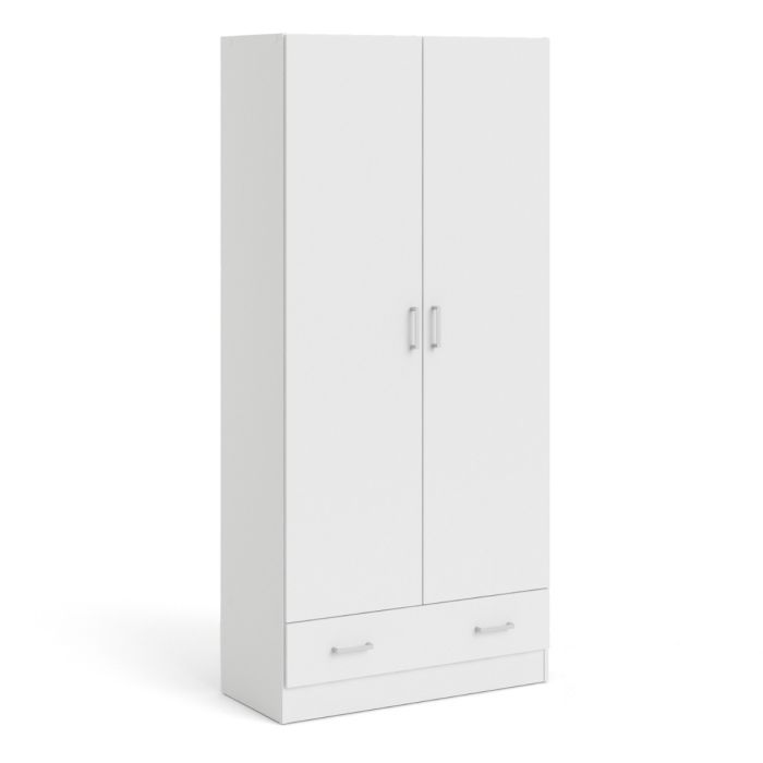Space Wooden Wardrobe with 2 Doors 1 Drawer in White