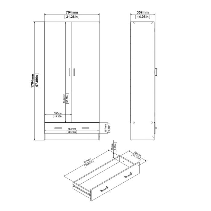 Space Wooden Wardrobe with 2 Doors 1 Drawer in White