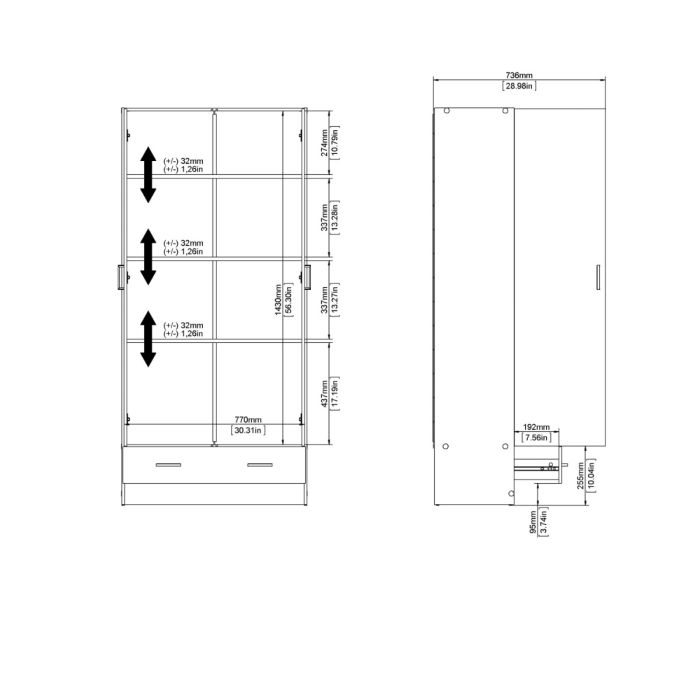 Space Wooden Wardrobe with 2 Doors 1 Drawer in White