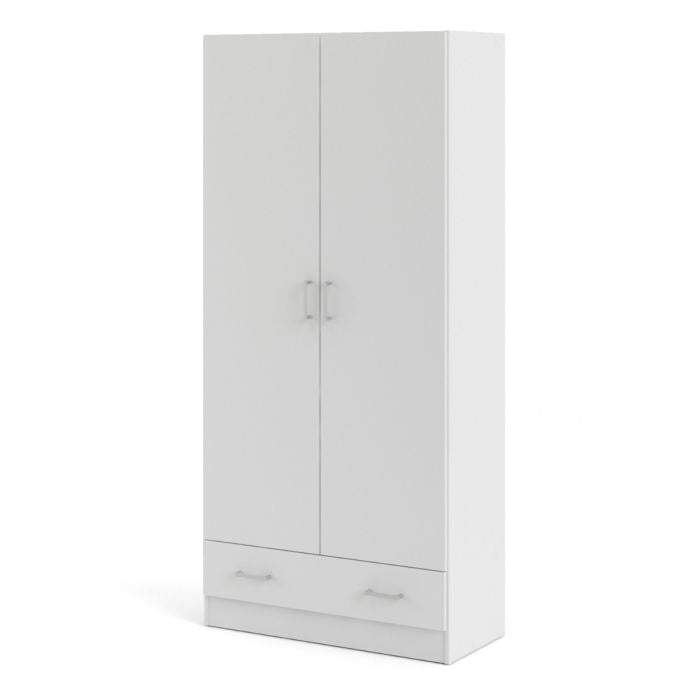 Space Wooden Wardrobe with 2 Doors 1 Drawer in White