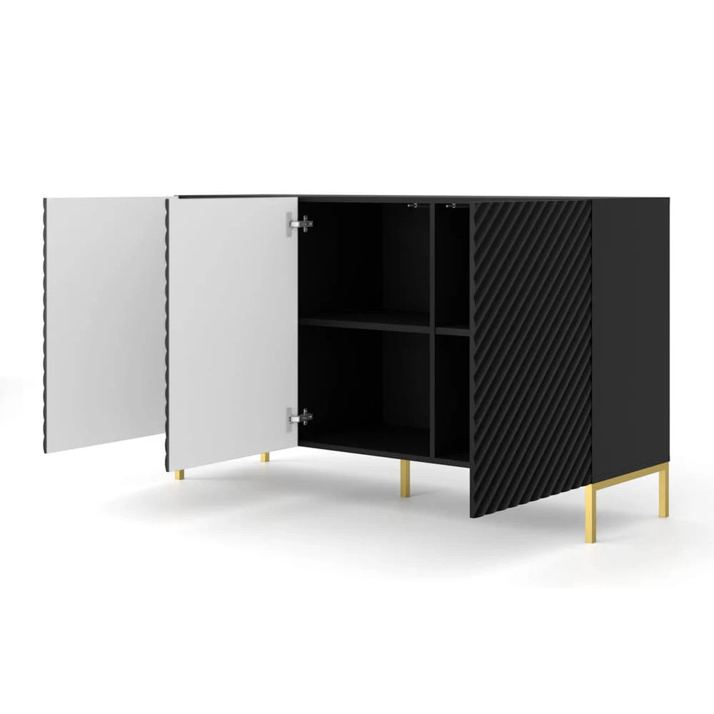 Surf Wooden Sideboard with 3 Doors in Black with Gold Metal Legs