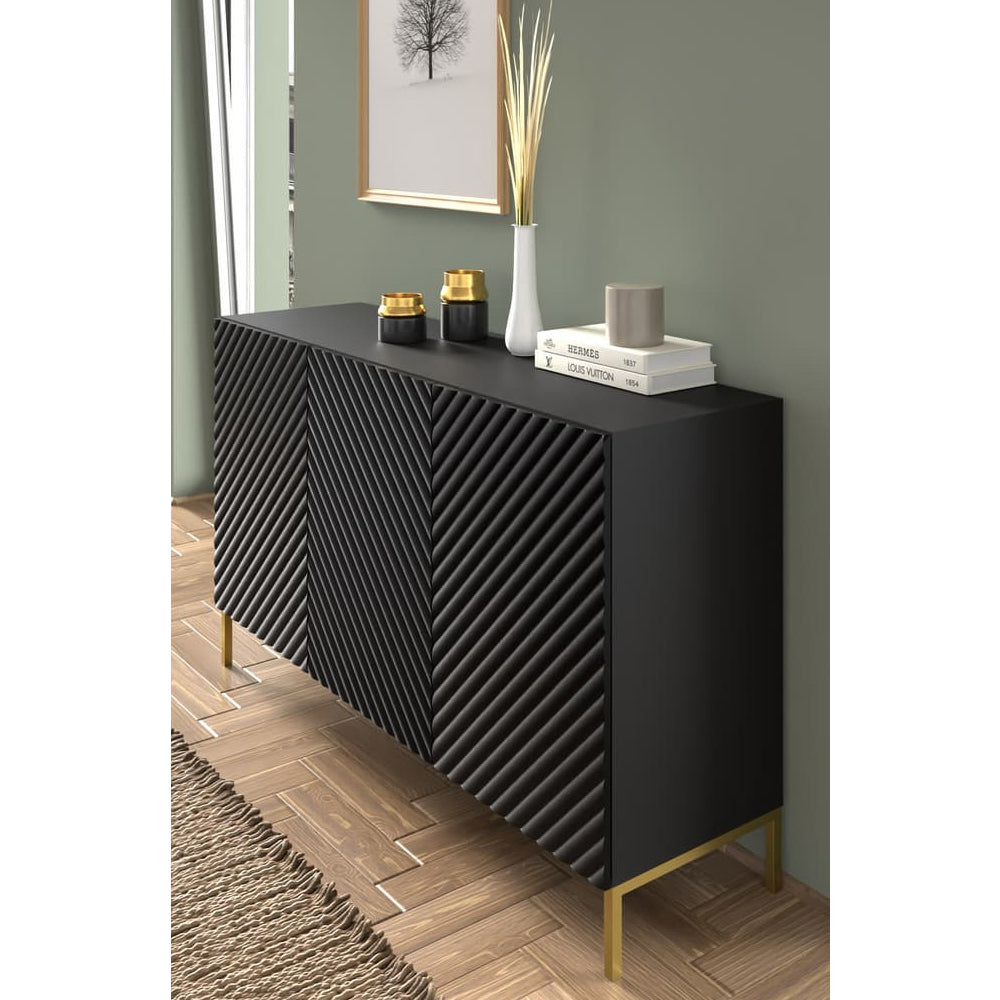 Surf Wooden Sideboard with 3 Doors in Black with Gold Metal Legs