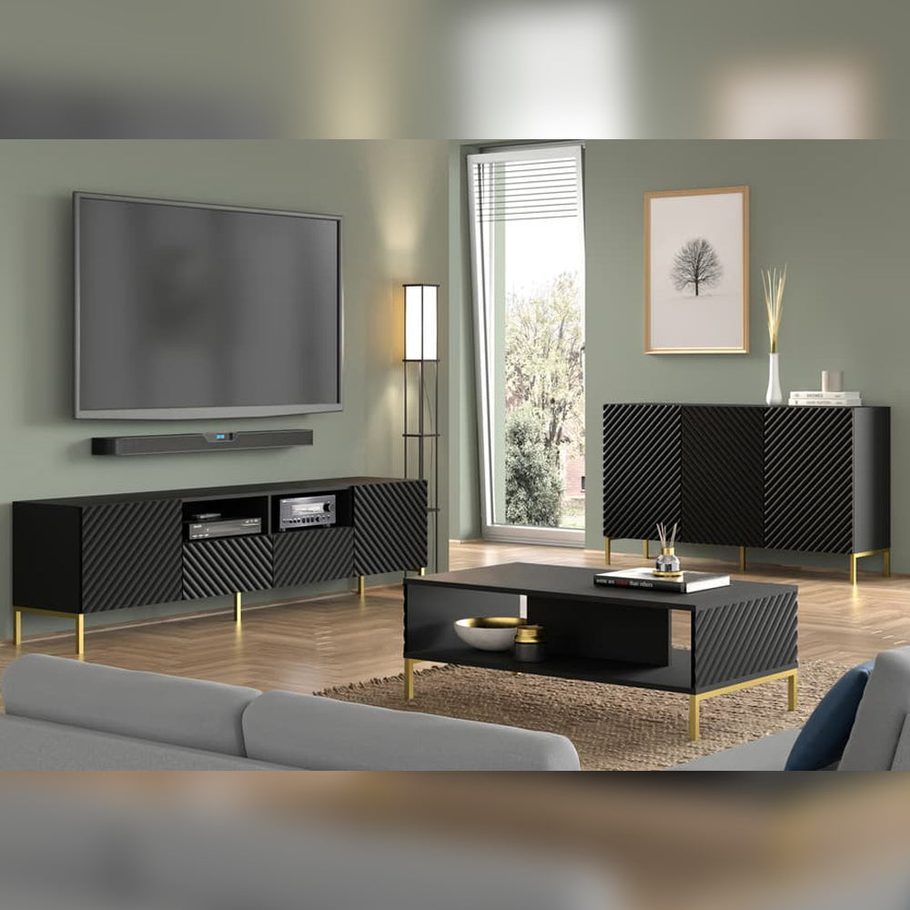 Surf Wooden Sideboard with 3 Doors in Black with Gold Metal Legs