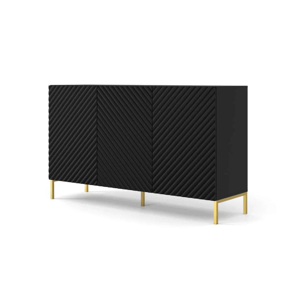 Surf Wooden Sideboard with 3 Doors in Black with Gold Metal Legs