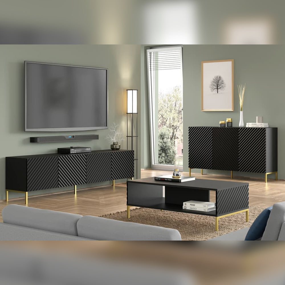 Surf Wooden TV Stand 200cm in Black with Gold Metal Legs