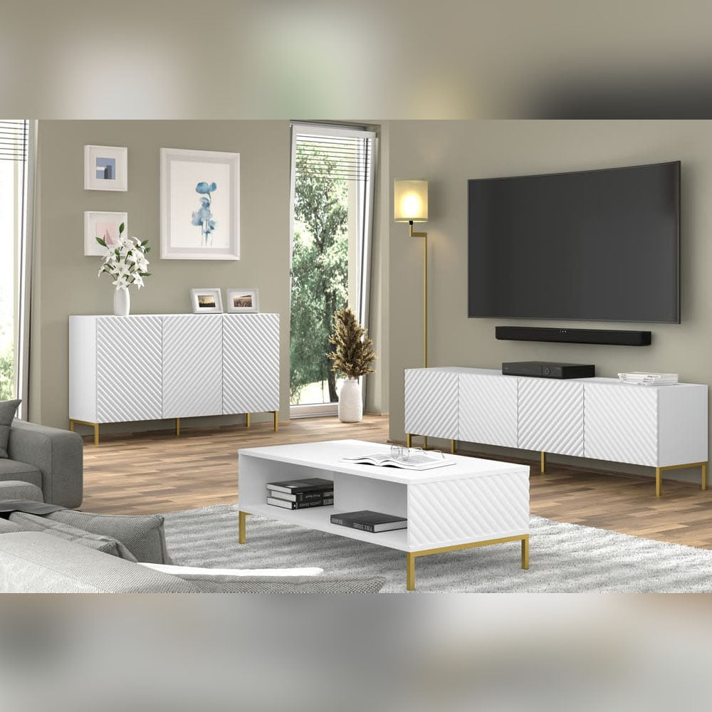 Surf Wooden TV Stand 200cm in White with Gold Metal Legs