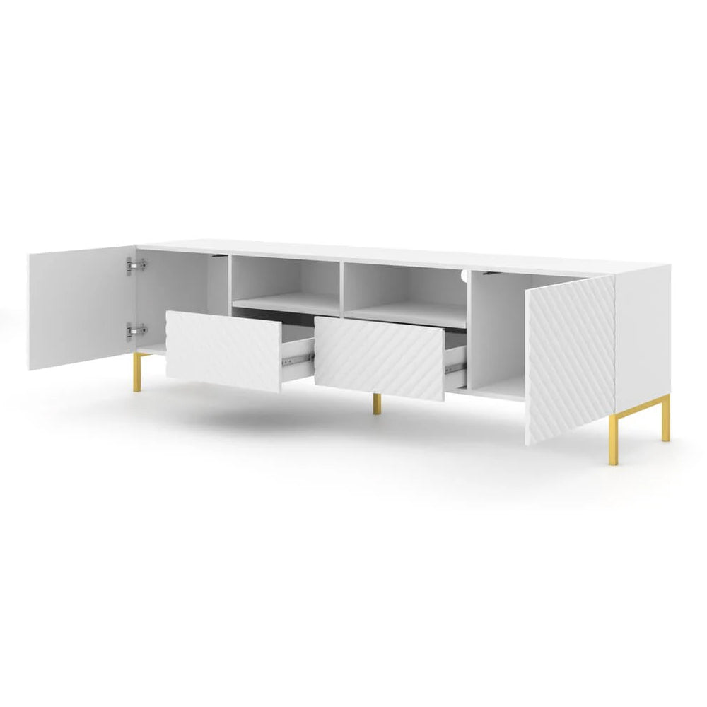 Surf Wooden TV Stand with 2 Drawers in White with Gold Metal Legs