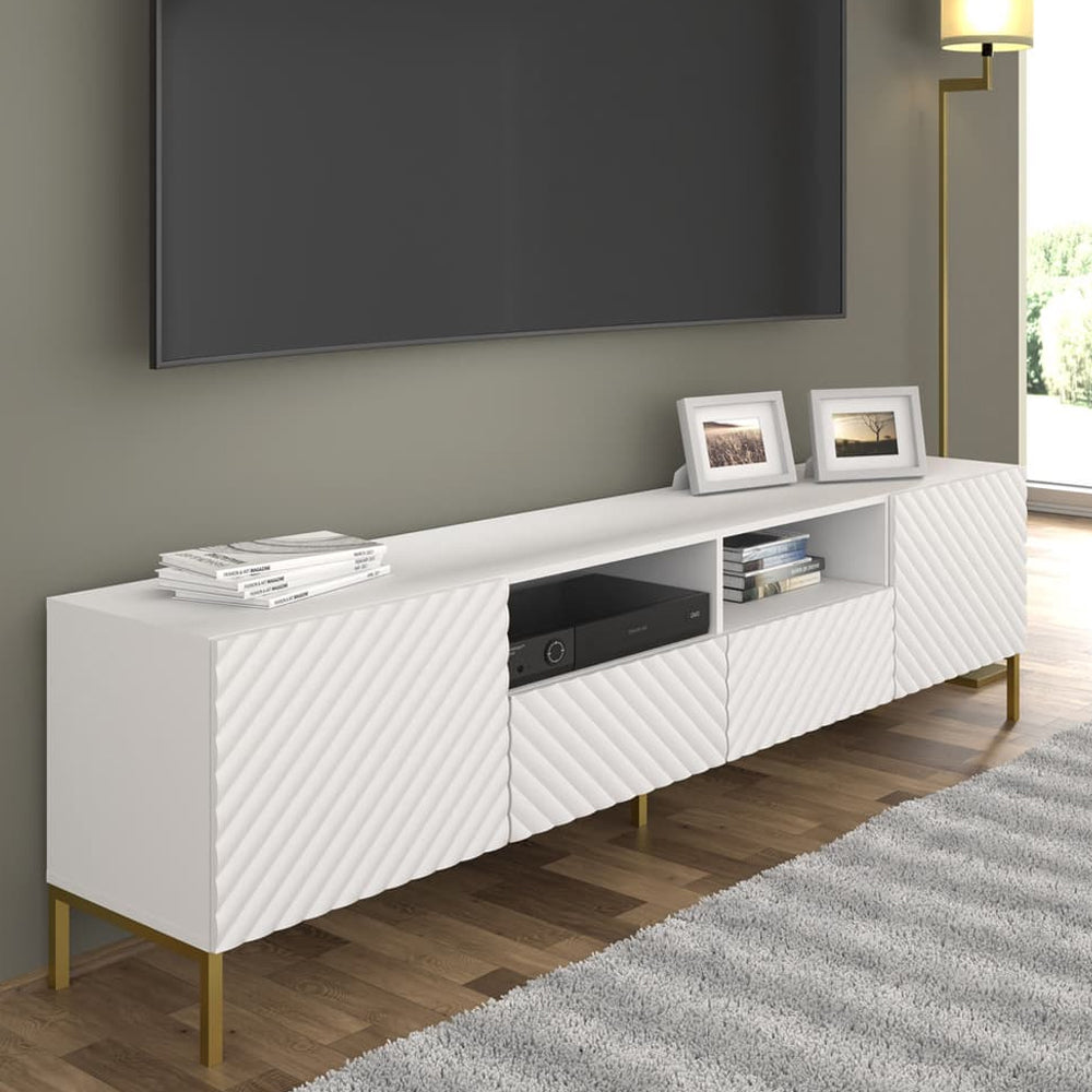 Surf Wooden TV Stand with 2 Drawers in White with Gold Metal Legs