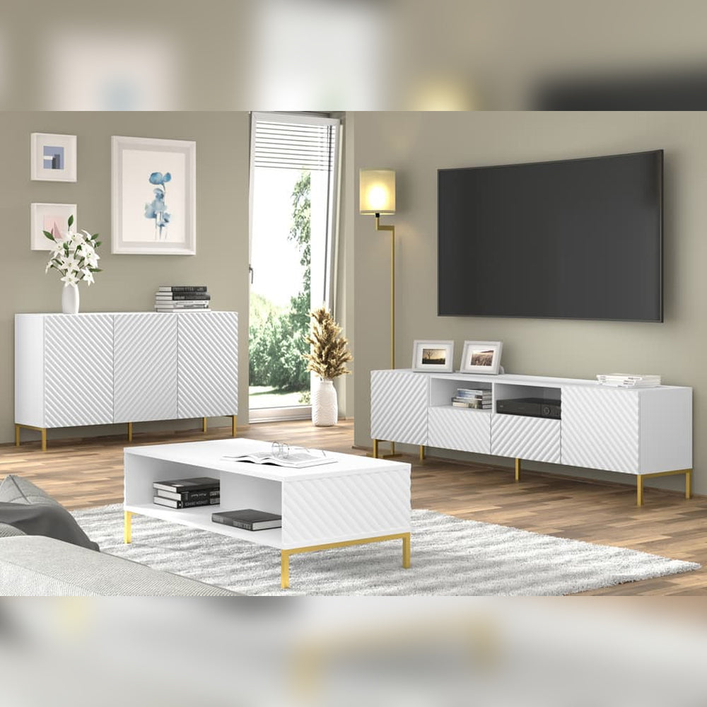 Surf Wooden TV Stand with 2 Drawers in White with Gold Metal Legs