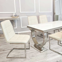 Tara Cream Faux Leather Dining Chairs with plain Back & Stitch Detail in Pair