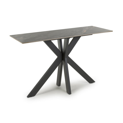 Rectangular table with a gray top and black metal legs