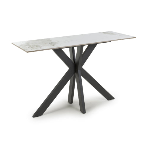 Table with a white marble-like top and black metal legs