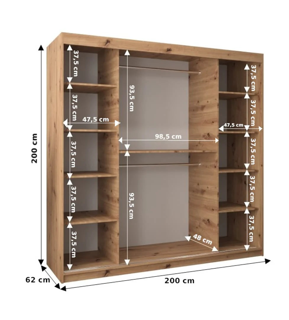 Tokyo III Mirrored Wardrobe 2 Sliding Doors 200cm In Oak Sonoma