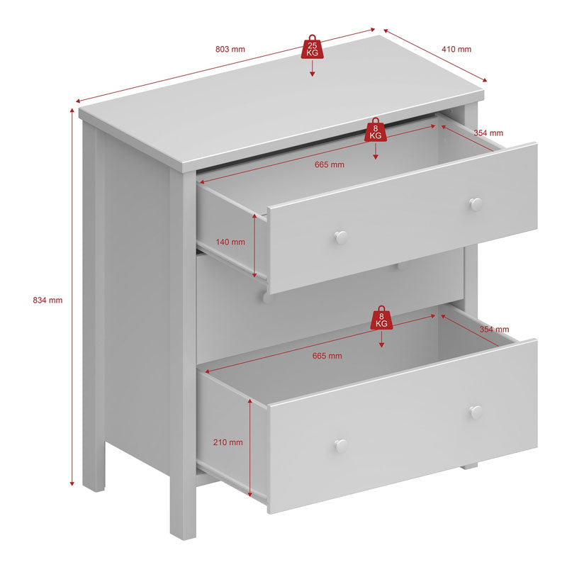 Tromso Woodedn 3 Drawer Chest of Drawers in Off White - UK