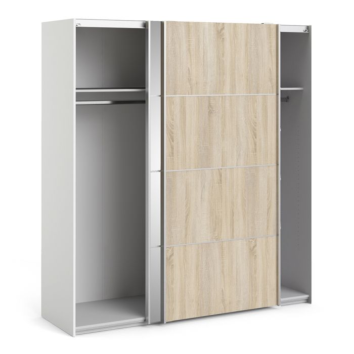 Verona Sliding Wardrobe 180cm in White with Oak and Mirror Doors with 2 Shelves - UK