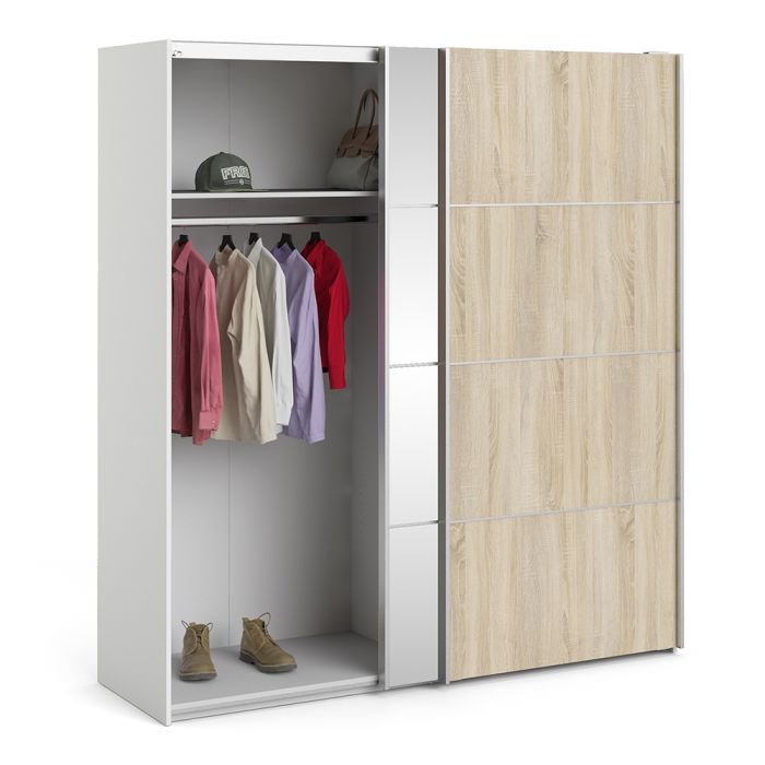 Verona Sliding Wardrobe 180cm in White with Oak and Mirror Doors with 2 Shelves - UK