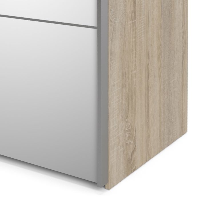 Verona Sliding Wardrobe 180cm in White with Oak and Mirror Doors with 2 Shelves - UK
