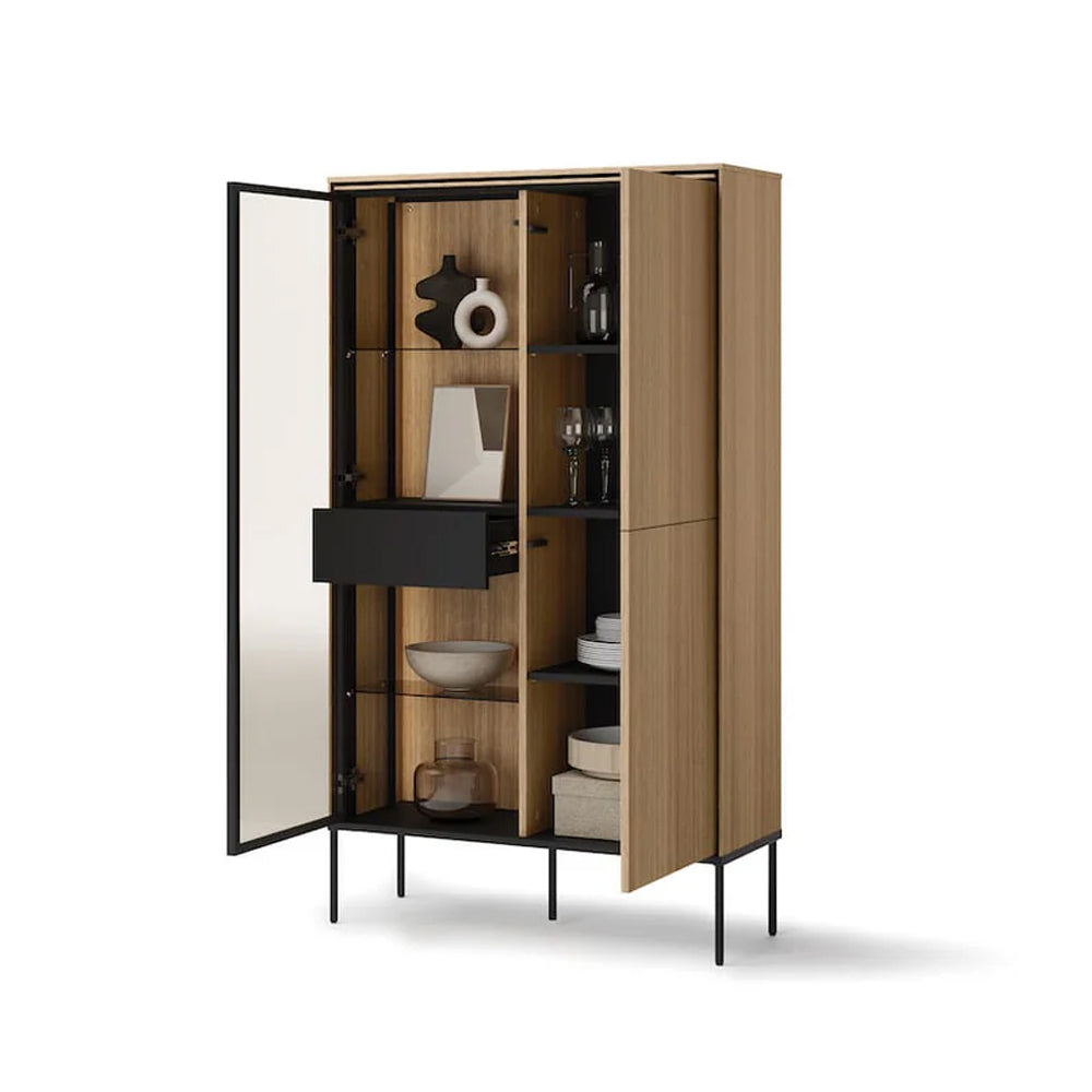 Visso Wooden Display Cabinet with 3 Doors 1 Drawer in Oak Linear