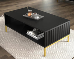 Wave Wooden Coffee Table 90cm in Black with Gold Metal Legs