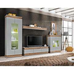 Berlin Wooden Tall Display Cabinet in Oak and Matt Grey - Furniture One Shop