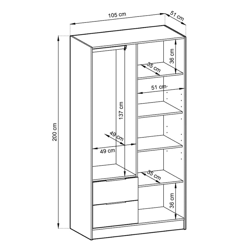 Bamberg Mirrored Hinged Door Wooden Wardrobe with 2 Doors 2 Drawer in Grey & Lamella Artisan - Furniture One Shop