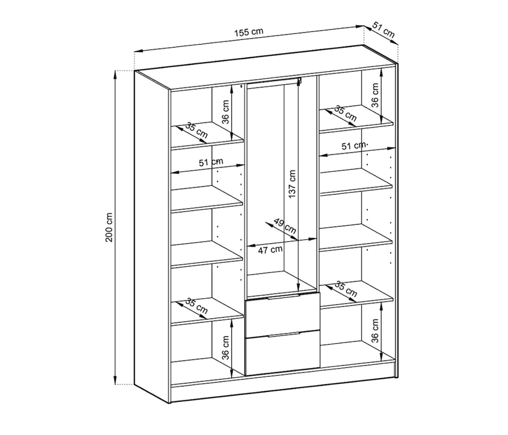 Bamberg Mirrored Hinged Door Wooden Wardrobe with 3 Doors 2 Drawer in Graphite & Lamella Artisan - Furniture One Shop