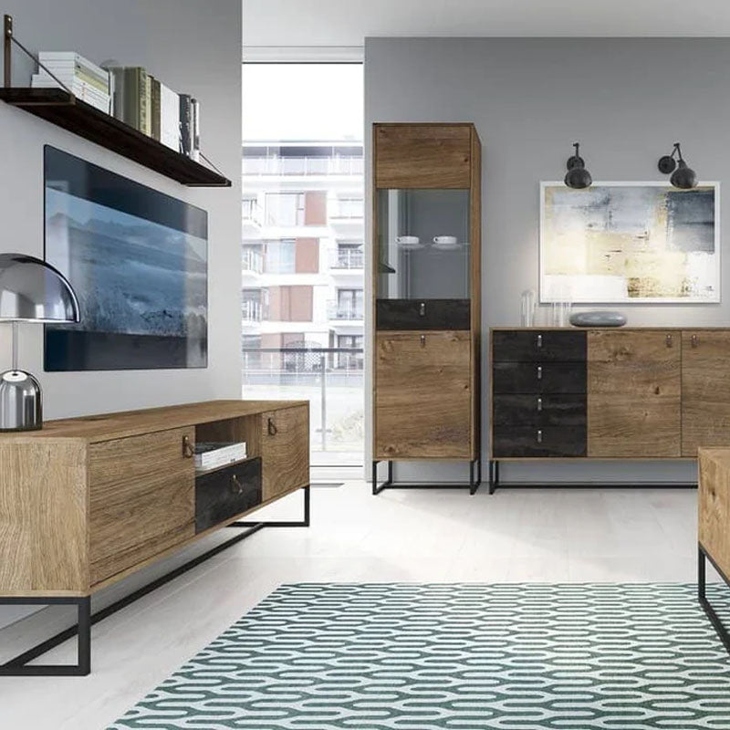 Dark Wooden Tall Display Cabinet in Oak Ribbeck - Furniture One Shop