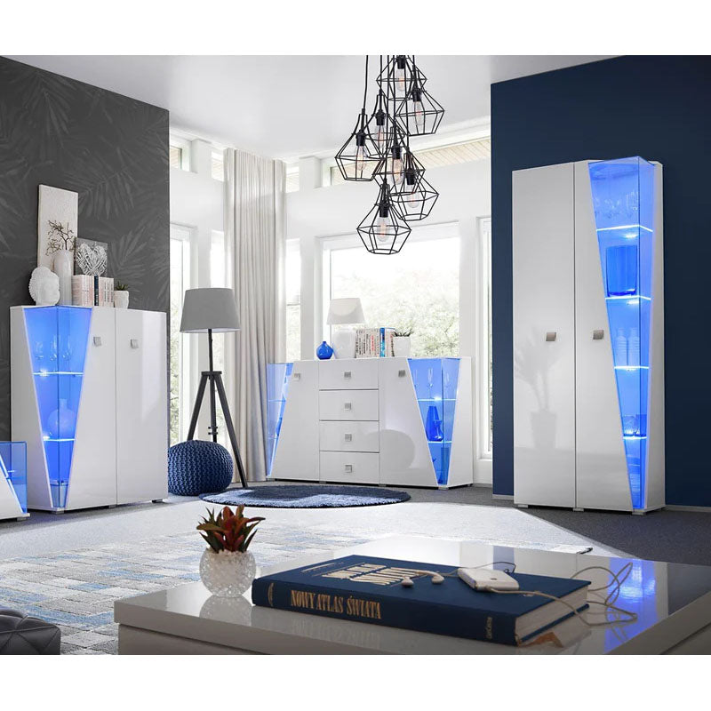 EDGE Wooden Tall Display Cabinet in White High Gloss - Furniture One Shop